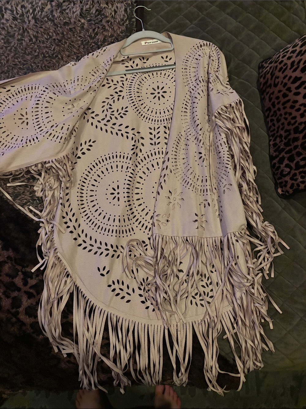 Fringed Faux Suede Cutout Shawl - Light Taupe